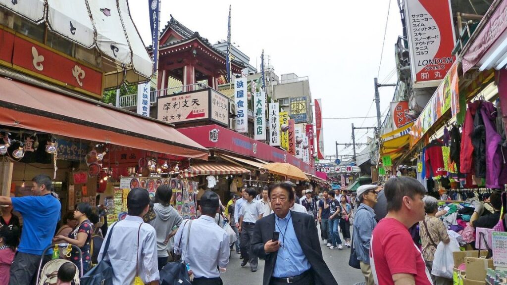 A street view of a shopping district in Japan