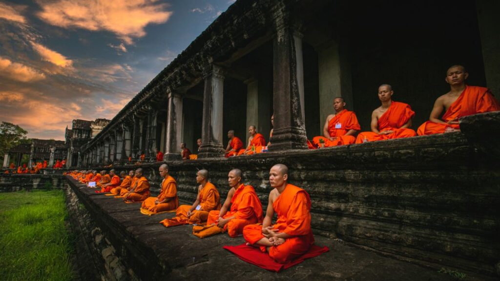 Monks meditating in a Buddhist temple  