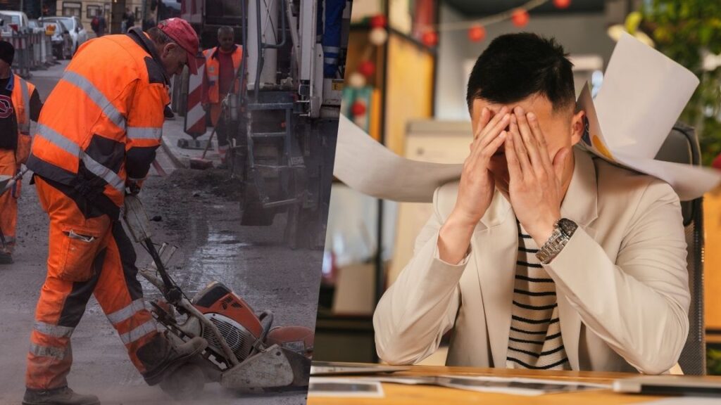 Left side: A construction worker working on pavement. Right side: A man holding his head in an office. ProstaKnight.